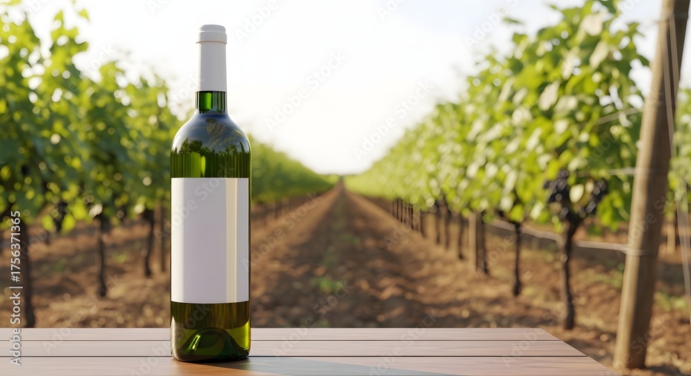 Obraz premium A green wine bottle with a white label standing on a wooden surface in front of a vineyard view outdoors