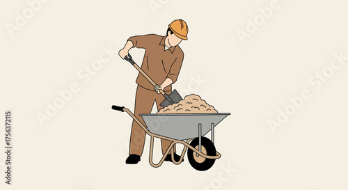 Construction Worker Loading A Wheelbarrow With Sand Illustration