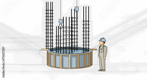 Construction Worker Inspecting Reinforcement Steel Structure Detail