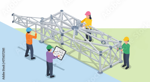 Construction Workers Assembling A Metal Frame With Engineering Plans