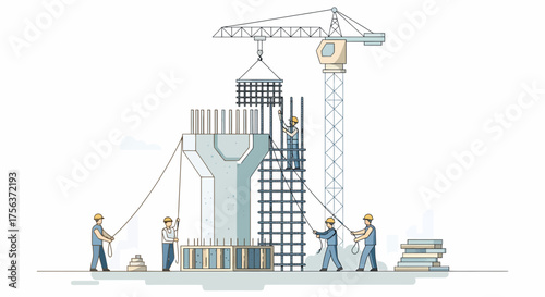 Construction Workers Build Concrete Pier And Crane Raising Steel Frame