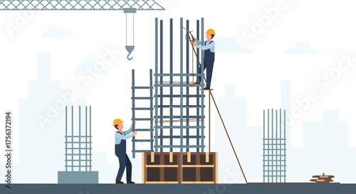 Construction Workers Assembling Rebar Cages For New Buildings