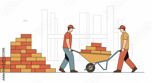 Construction Workers Building Brick Wall In City Landscape Illustration
