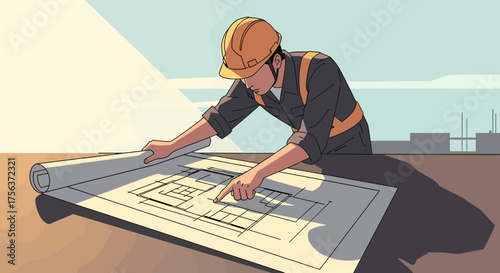 Engineer Reviewing Blueprint For Building Construction Project, Isometric View