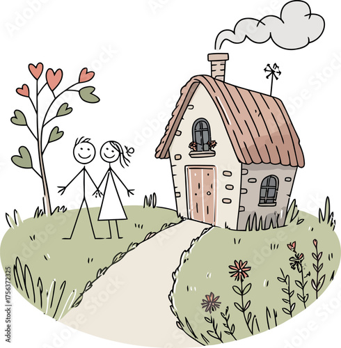 Love and Home: A tender couple stands hand-in-hand, embarking on a shared journey towards their cozy, idyllic cottage, symbolizing home, love, and shared dreams.