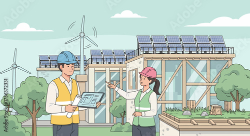 Eco House Project Planning With Solar Panels And Wind Turbines