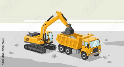 Excavator Loading Dump Truck At A Quarry Stone Pit Illustration