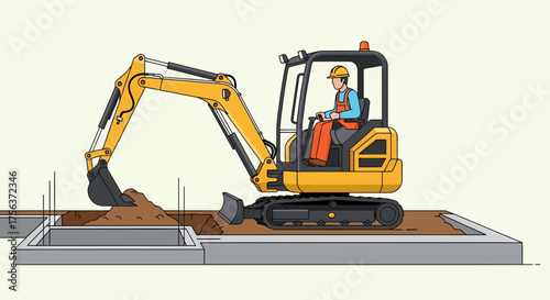 Excavator Operator Digging Ground Foundation At Construction Site