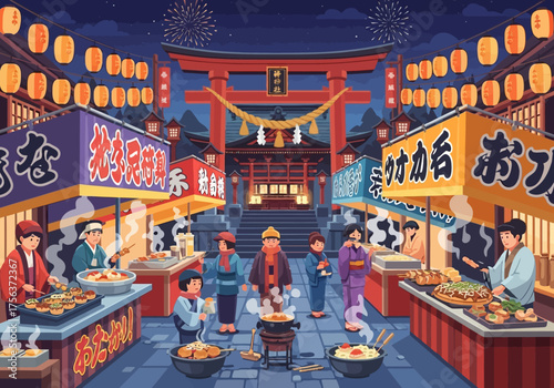 Japanese festival scene with food stalls temple lanterns fireworks and various people at night