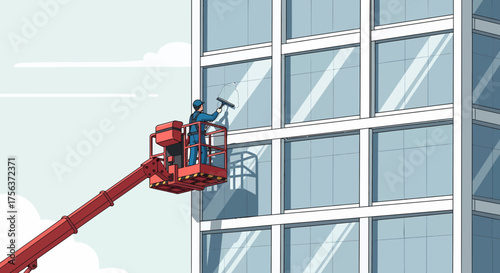 Facade Cleaning With Cherry Picker On High Rise Office Building