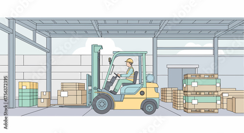 Forklift Operator In Warehouse With Packages And Pallets Illustration
