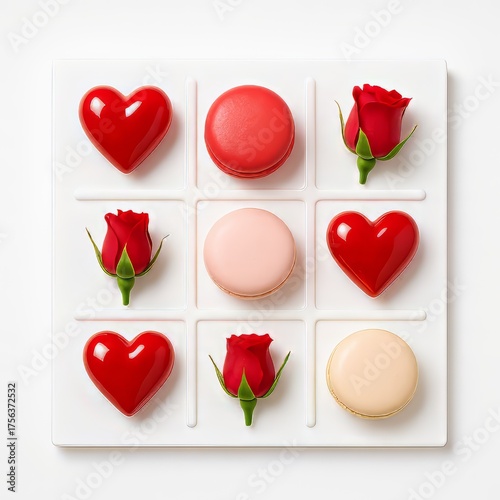  tic-tac-toe Valentine’s Day composition with heart-shaped sweets, macarons, and red roses on white background, romantic flat lay