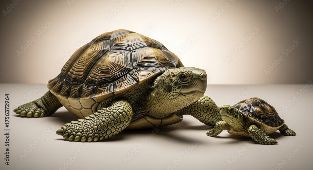 Obraz premium Tortoise Family Portrait: Mother and Baby with Detailed Shells and Textured Skin