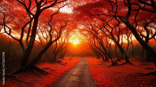 Enchanted Forest Path Under Dramatic Orange Sunset with Vibrant Red Leaves and Silhouetted Trees