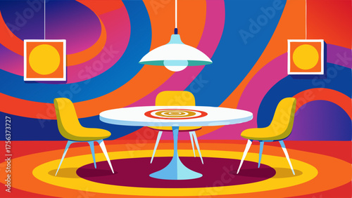 A dining room featuring a retro round table with a white top and chrome legs a yellow pendant light and a trippy psychedelic print on the wall.