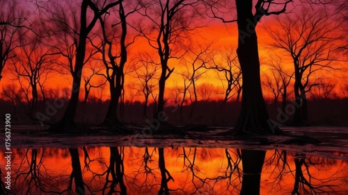 Silhouetted Trees Against Fiery Sunset Sky with Calm Reflection on Tranquil Water Surface