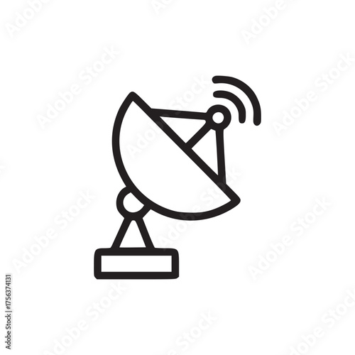 Isolated black outline of a satellite dish on a white background with signal waves above it icon