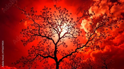 Dramatic Silhouette of Tree Against a Fiery Red Sky at Dusk with Fluffy Clouds