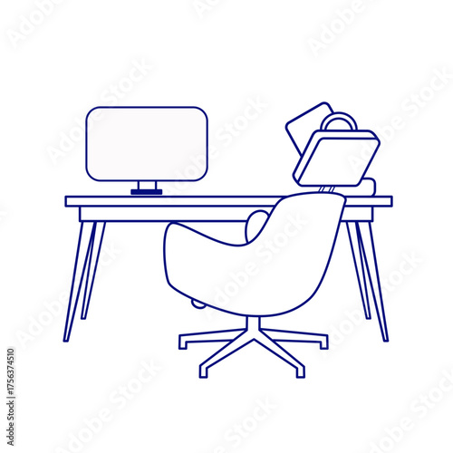 Minimalistic line art icon of a modern workspace with a computer monitor, office desk, swivel chair, and folders on a transparent background, evoking productivity and contemporary comfort