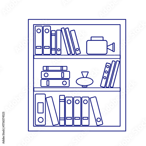 Minimalistic line art icon of a bookshelf filled with binders, books, folders, and decorative objects on a transparent background, reflecting organization and a cozy office atmosphere