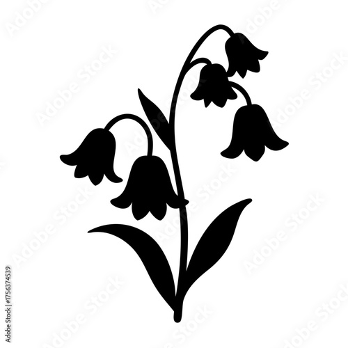Vector art of black silhouette of a flowering plant with drooping bellshaped flowers and pointed leaves