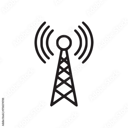 Illustration of a black outline communication tower with radiating waves on a white background