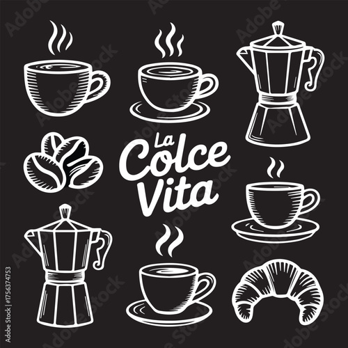 La Dolce Vita Coffee Illustration Set. Hand-Drawn Chalkboard Style Barista Icons.