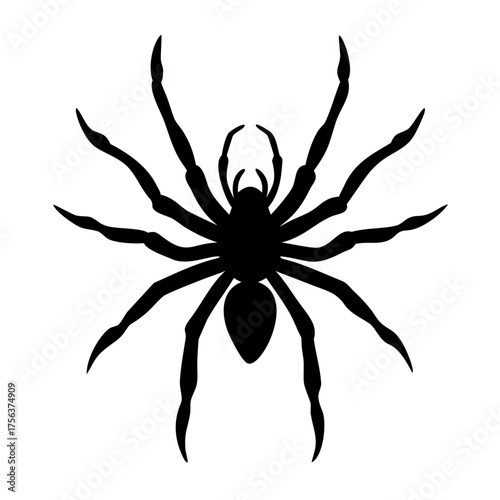 Vector art of a menacing black silhouette of a spider with eight legs and prominent fangs, isolated on a, symbolizing fear, halloween, or the creepycrawly nature