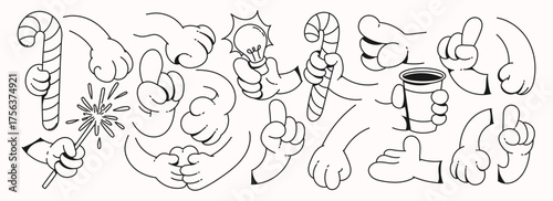 Playful cartoon hands pack. Expressive gestures with coffee, candy cane and heart, groovy retro character arms in vintage mascot style.