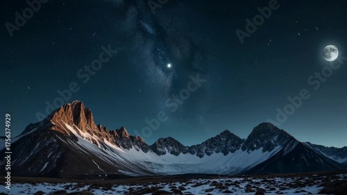 Majestic Mountain Landscape Under Starry Night Sky with Moon and Milky Way Galaxy