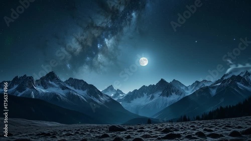 Serene Mountain Landscape Under Starry Sky and Bright Moonlight During Calm Night