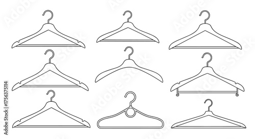 A collection of various clothing hangers displayed in a grid pattern.