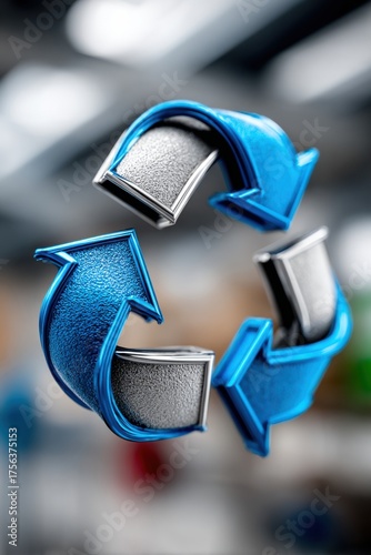 Creative blue recycling symbol displayed prominently in an indoor space, emphasizing sustainability and environmental awareness