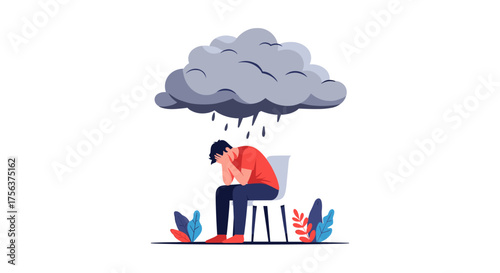 A person sitting under a dark cloud experiencing sadness and mental distress.