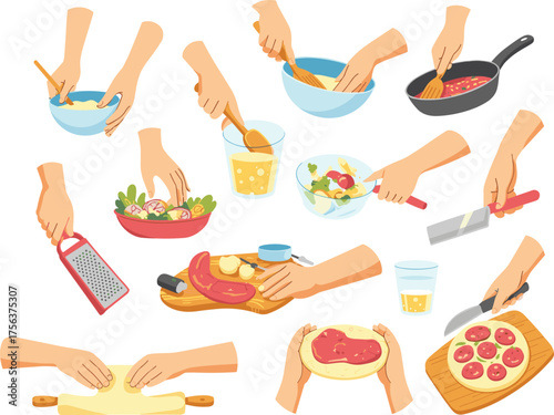 Cooking process hands collection, food preparation, cutting vegetables, mixing ingredients, making salad and pizza, kitchen utensils flat vector illustration for recipe design