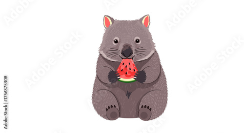 A cute wombat enjoys a refreshing slice of juicy watermelon on a sunny day.