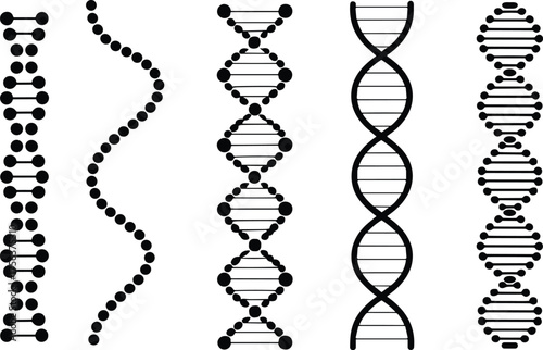 DNA helix shapes collection, molecular biology, genetic science, biotechnology and genome research symbols, black and white DNA structure vector illustration for education and design
