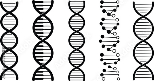 DNA helix structure icons set, genetic science, molecular biology, biotechnology and genome research illustration, flat vector of black and white DNA strand designs
