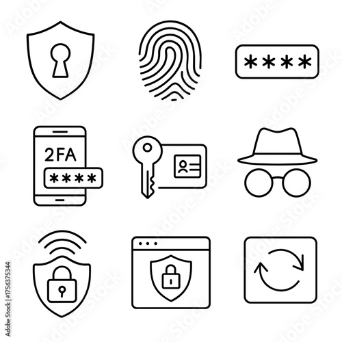 Safer Internet Day cybersecurity and privacy line icon pack, isolated vector