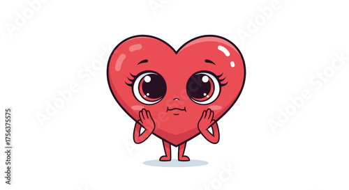 A cute cartoon heart character with big eyes and rosy cheeks holding its face.