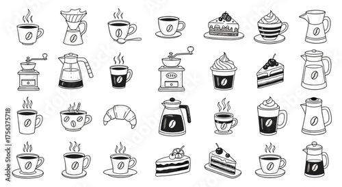 Collection of hand drawn coffee cups cakes and croissants for cafe.