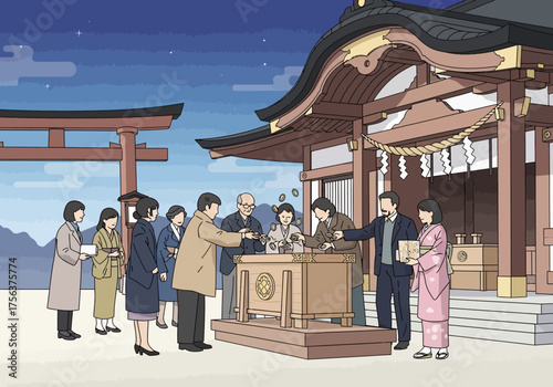 People throw coins at shrine beneath the traditional roof and torii gate under starry sky
