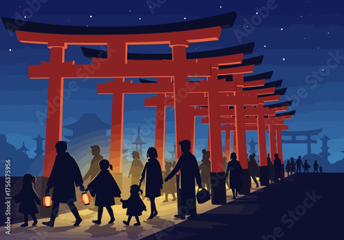 People walk through red torii gates at night carrying lanterns under a starry sky