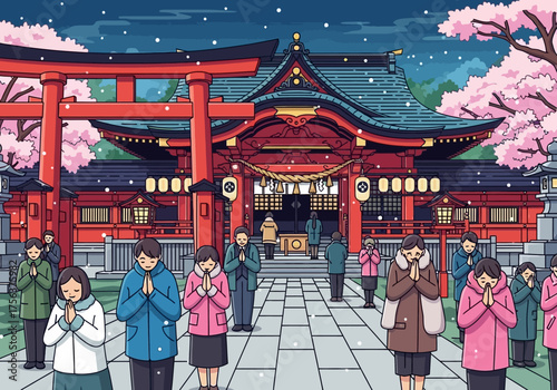People praying at a snowdusted Japanese temple with red torii gates and cherry blossoms