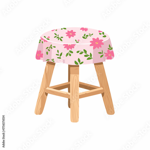 Einfacher Hocker mit rosa Blümchenstoff