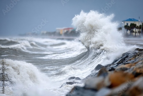 Powerful ocean waves crash against rocky shore during stormy weather at a coastal town