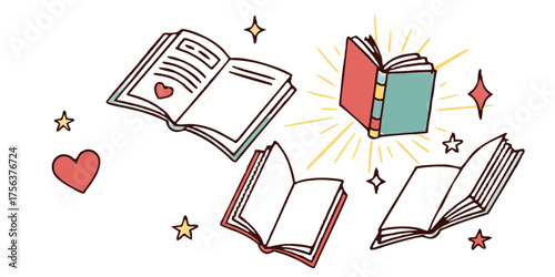 Collection of open and closed books with sparkles