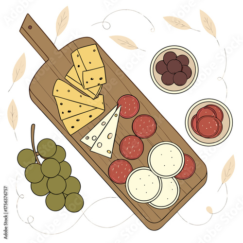 Charcuterie board with cheese, salami, olives, grapes