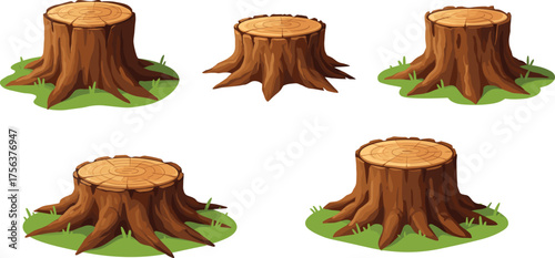 Cartoon tree stump vector illustration set, realistic cut wood trunks with roots and grass, natural forest element for eco, game, and nature design