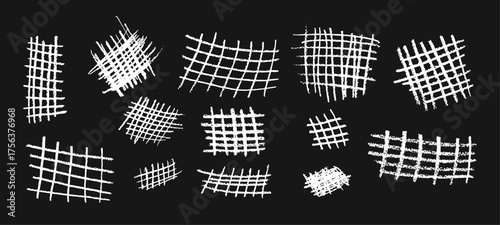 Set of white crayon grids. Freehand vector chequered collage with wax scribble texture. Pastel handmade geometry strokes create a graphic school backdrop for children playful design projects.